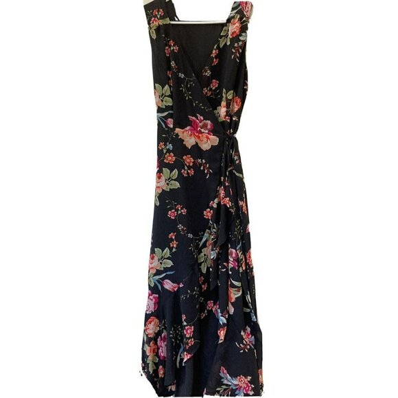 Lulus Black Floral Hi-Low Ruffle Hem Wrap Sleeveless Solid Lined Maxi Dress Sz S - Picture 1 of 12